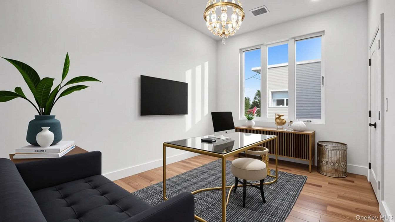 Chandelier, Home Office, Interior, Recessed Lighting, Wood Texture Flooring