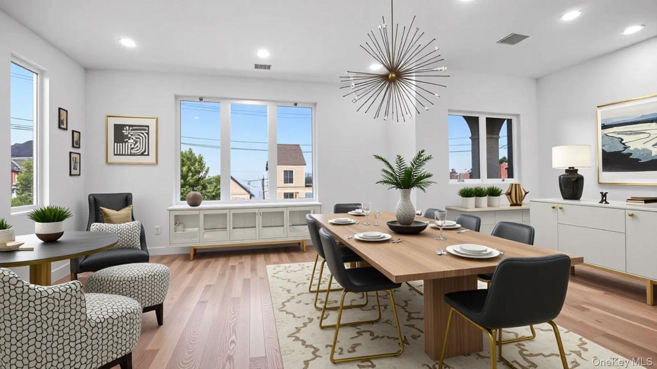Dining room, Interior, Pendant Lights, Recessed Lighting, Wood Texture Flooring