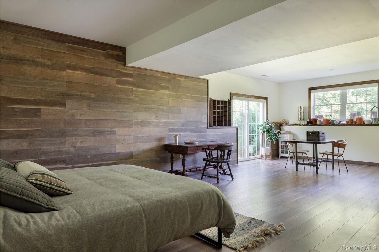 Bedroom, Dining room, Interior, Wood Texture Flooring, Wooden Walls