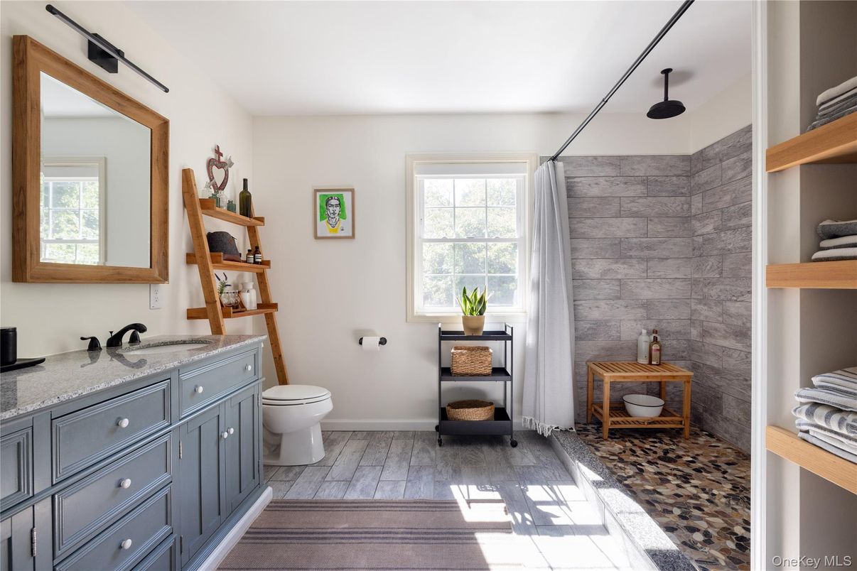 Bathroom, Interior, Stone Walls, Wood Texture Flooring