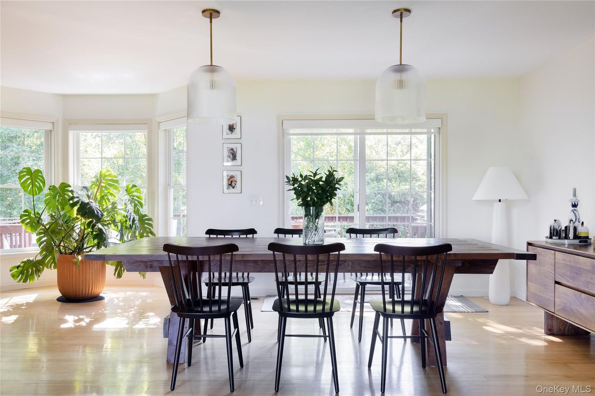 Dining room, Interior, Pendant Lights, Wood Texture Flooring