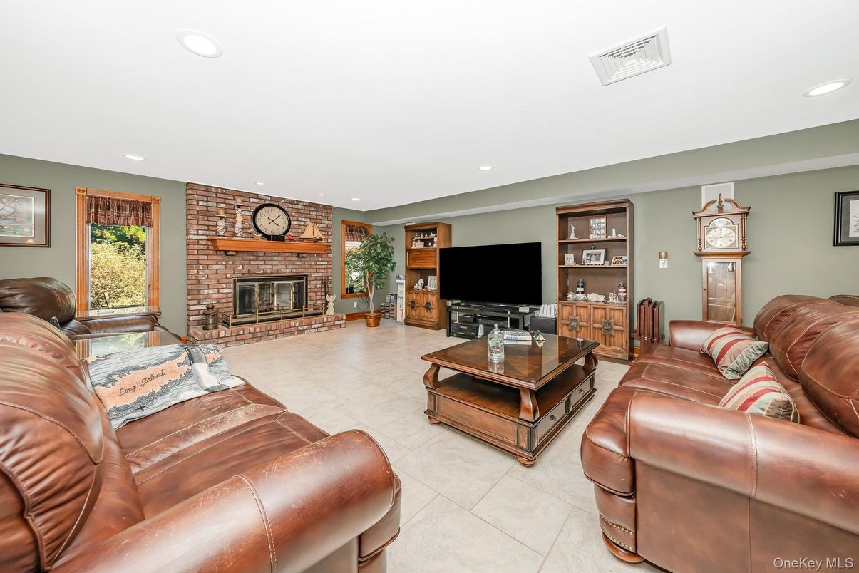 Fireplace, Interior, Living room, Recessed Lighting, Stone Walls