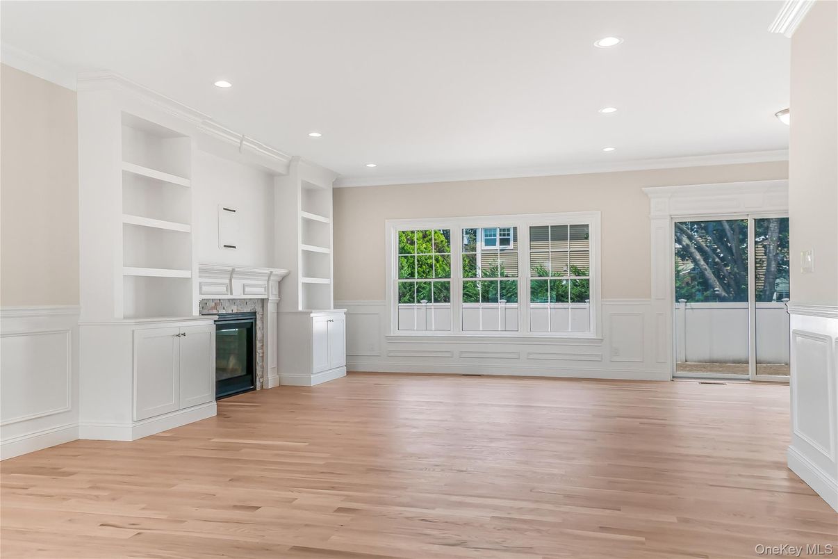 Empty room, Fireplace, Interior, Recessed Lighting, Wood Texture Flooring