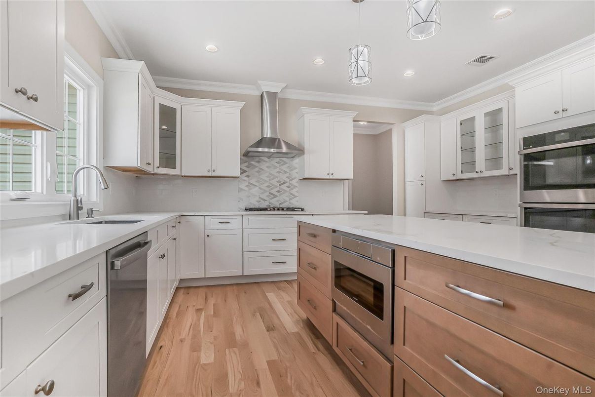 Interior, Kitchen, Pendant Lights, Recessed Lighting, Stainless Steel Appliances, Wood Texture Flooring