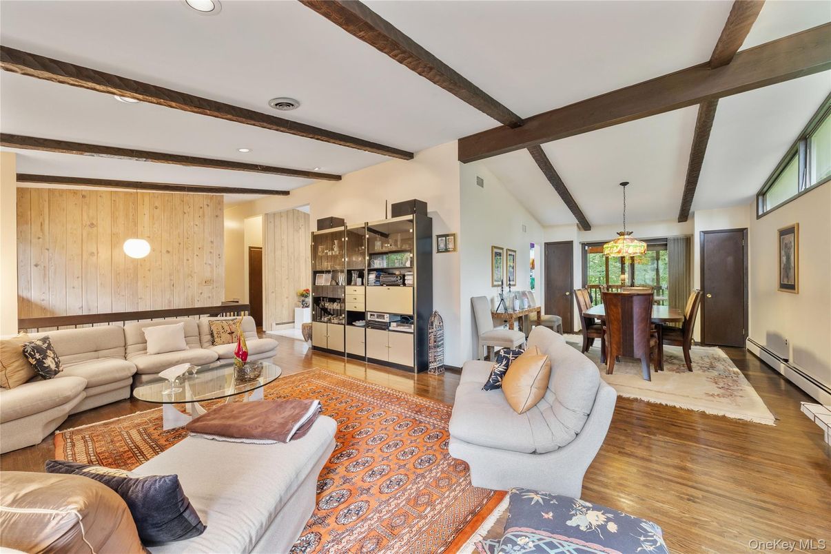 Dining room, Interior, Living room, Pendant Lights, Recessed Lighting, Wooden Beams, Wood Texture Flooring