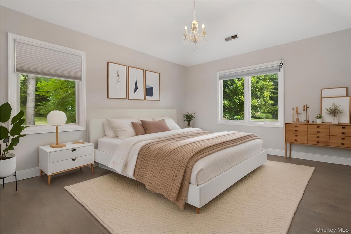 Bedroom, Chandelier, Interior, Wood Texture Flooring