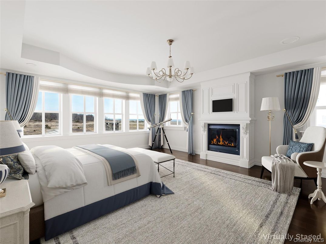 Bedroom, Chandelier, Fireplace, Interior, Wood Texture Flooring