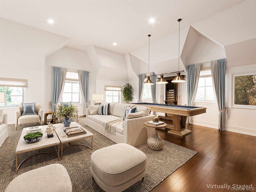 Billiard Table, Game Room, Interior, Living room, Pendant Lights, Recessed Lighting, Wood Texture Flooring
