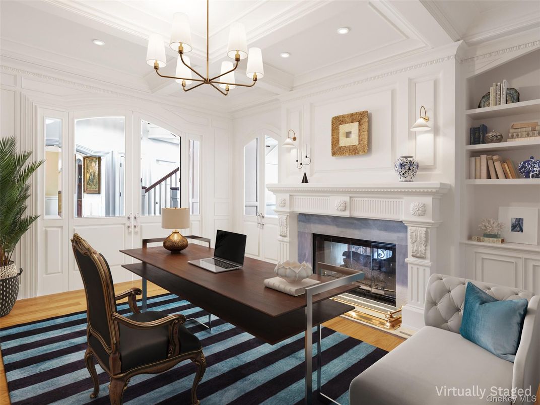 Chandelier, Fireplace, Home Office, Interior, Living room, Recessed Lighting, Wood Texture Flooring