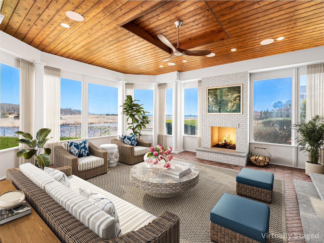 Fireplace, Interior, Living room, Recessed Lighting, Water, Wooden Ceilings