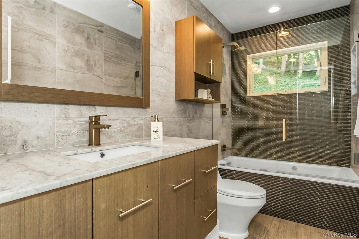 Bathroom, Glass Shower, Interior, Recessed Lighting, Wood Texture Flooring