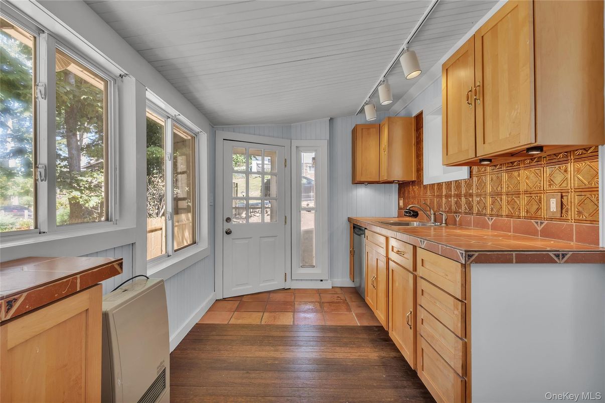 Interior, Kitchen, Tile Countertops, Wood Texture Flooring