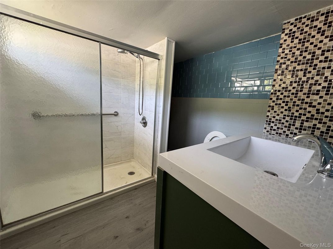 Bathroom, Glass Shower, Interior, Wood Texture Flooring