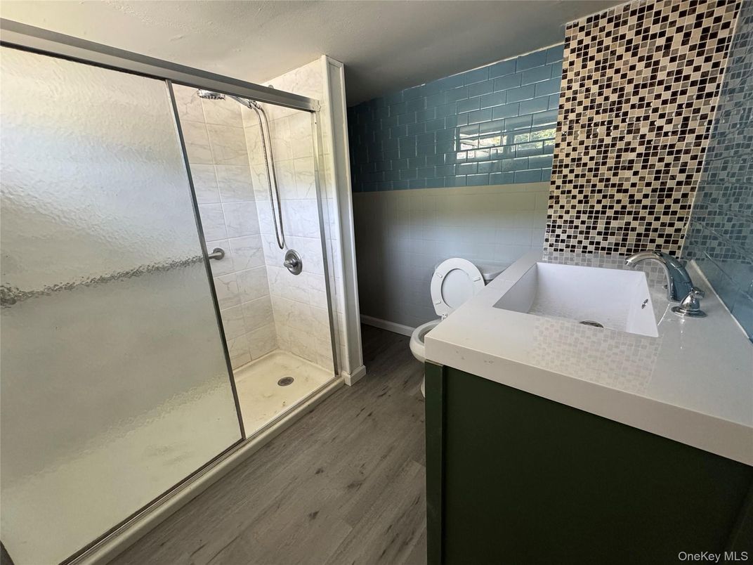 Bathroom, Glass Shower, Interior, Wood Texture Flooring