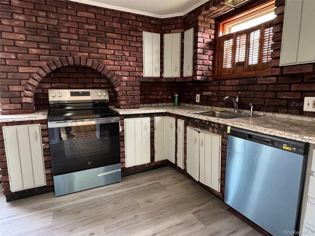 Interior, Kitchen, Stainless Steel Appliances, Stone Walls, Wood Texture Flooring