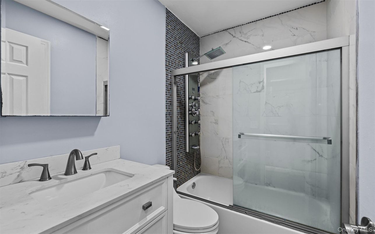 Bathroom, Glass Shower, Interior, Marble Walls, Recessed Lighting