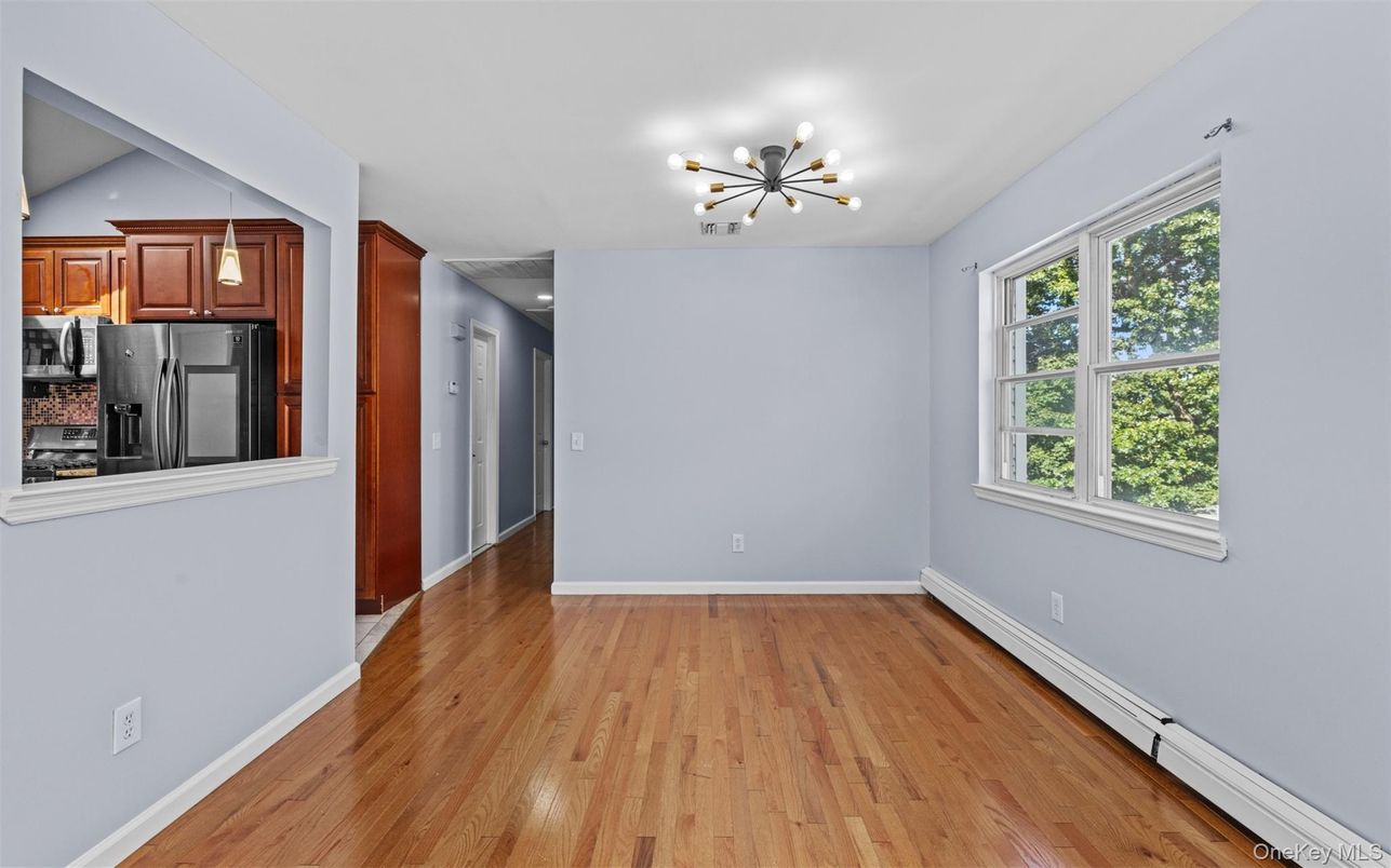 Empty room, Interior, Kitchen, Pendant Lights, Recessed Lighting, Wood Texture Flooring