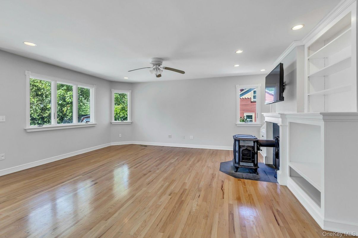 Fireplace, Interior, Recessed Lighting, Wood Texture Flooring