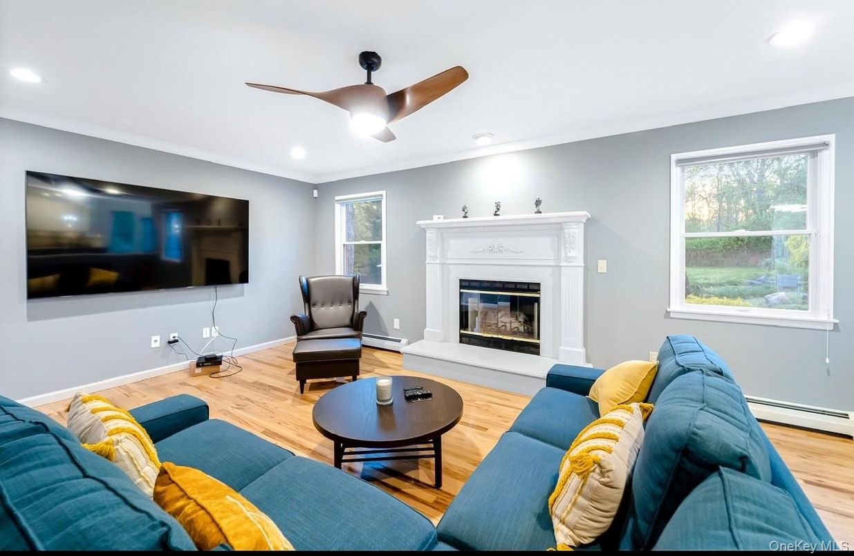 Fireplace, Interior, Living room, Recessed Lighting, Wood Texture Flooring