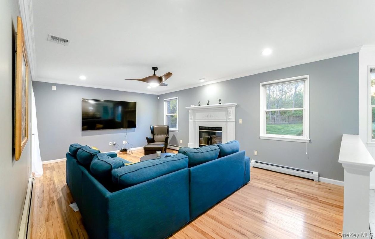 Fireplace, Interior, Living room, Recessed Lighting, Wood Texture Flooring