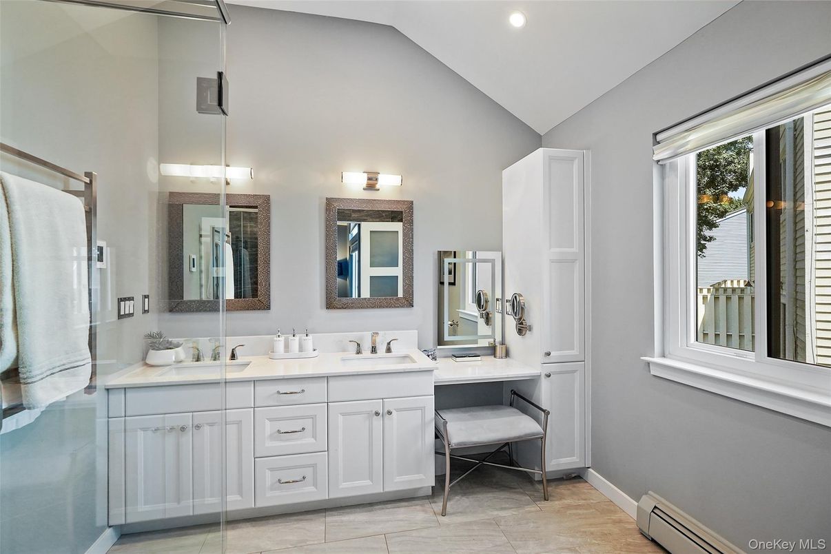 Bathroom, Dual Sink Vanities, Interior, Recessed Lighting, Wood Texture Flooring