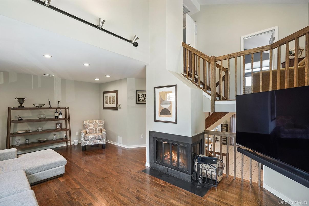 Fireplace, Interior, Recessed Lighting, Wood Texture Flooring