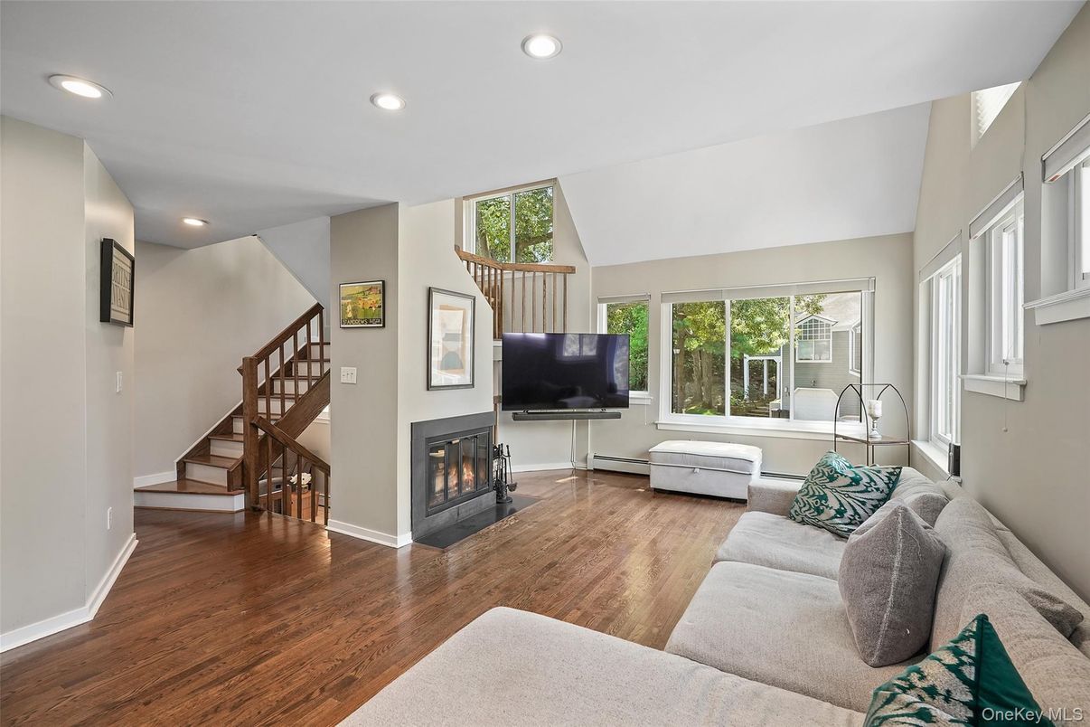 Fireplace, Interior, Living room, Recessed Lighting, Wood Texture Flooring