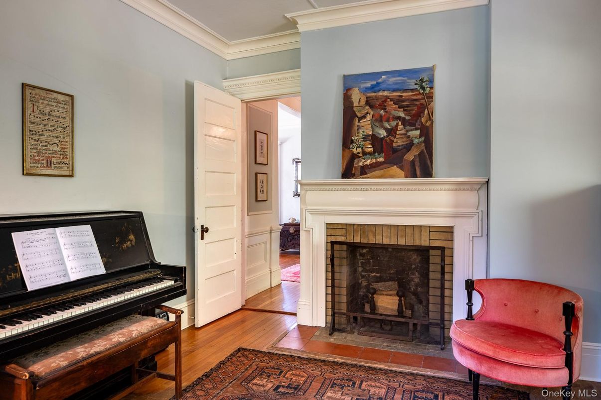 Fireplace, Interior, Piano, Wood Texture Flooring