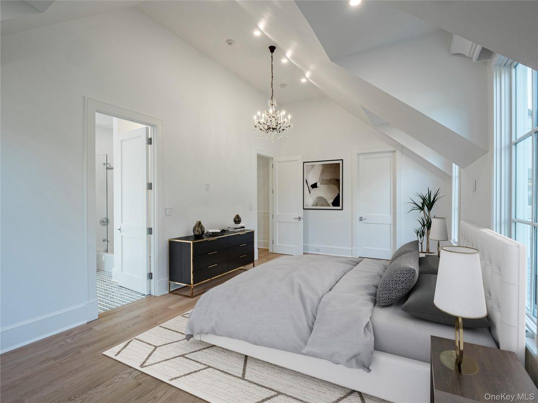 Bedroom, Chandelier, Interior, Recessed Lighting, Wood Texture Flooring