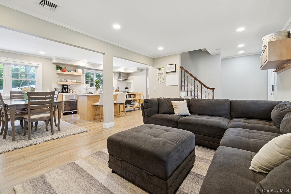 Dining room, Interior, Kitchen, Living room, Recessed Lighting, Wood Texture Flooring