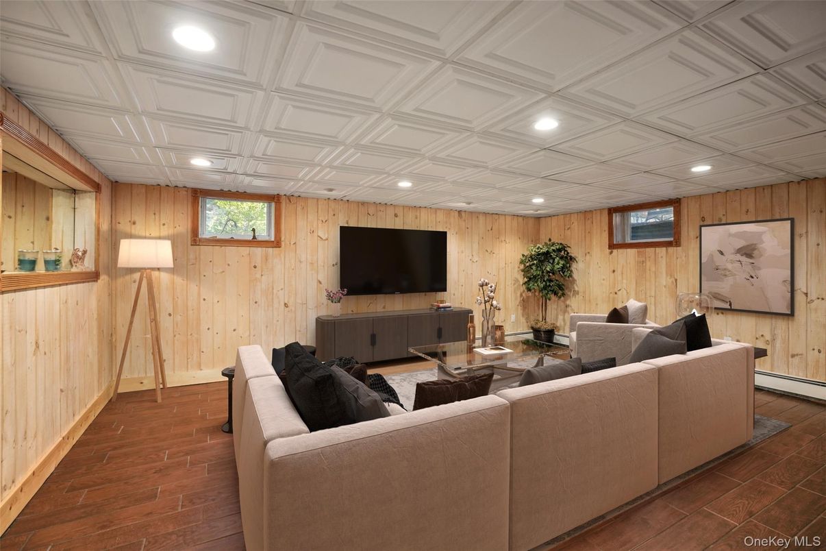 Interior, Living room, Recessed Lighting, Wood Texture Flooring, Wooden Walls