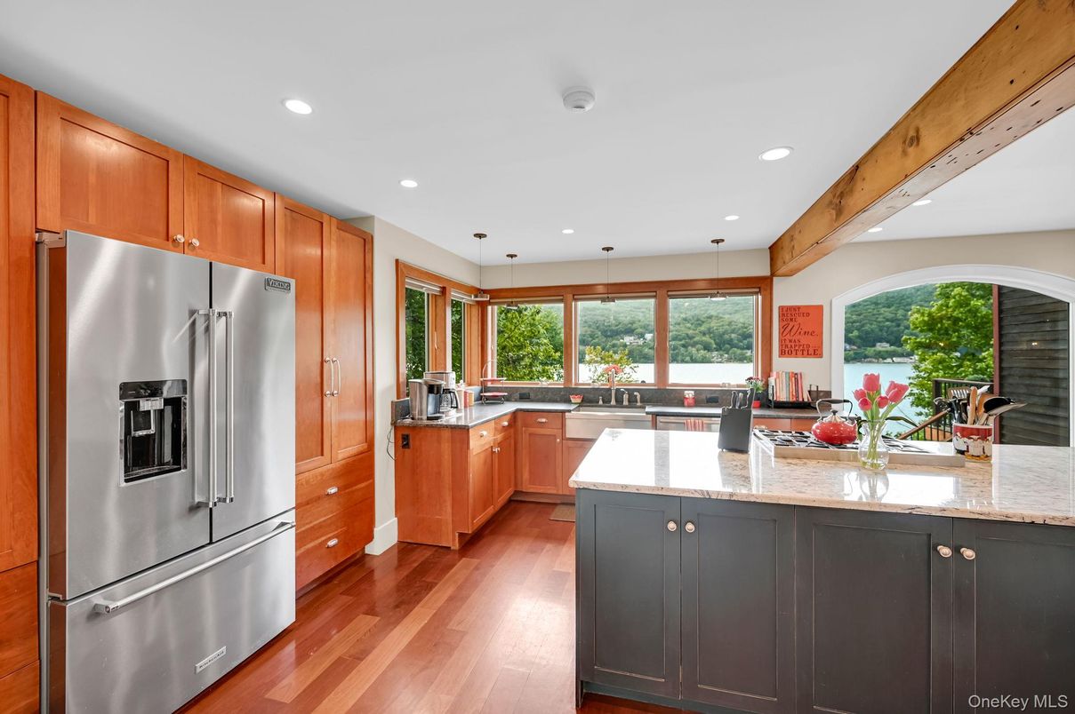 Interior, Kitchen, Pendant Lights, Recessed Lighting, Stainless Steel Appliances, Wooden Beams, Wood Texture Flooring