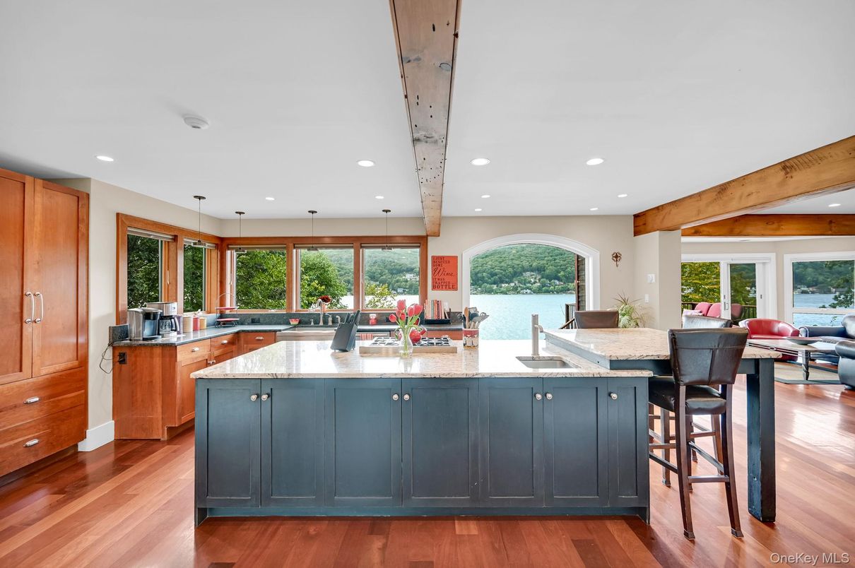 Dining room, Interior, Kitchen, Pendant Lights, Recessed Lighting, Water, Wooden Beams, Wood Texture Flooring