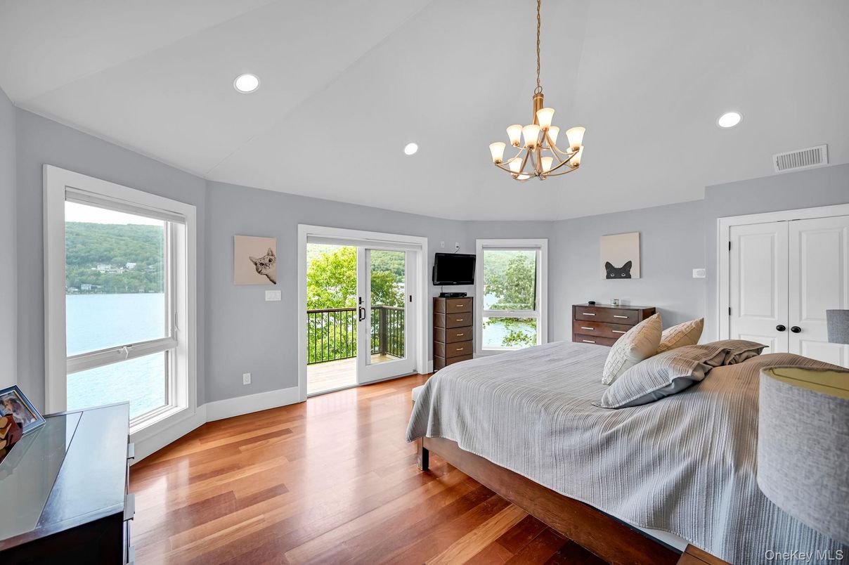 Bedroom, Chandelier, Interior, Recessed Lighting, Wood Texture Flooring