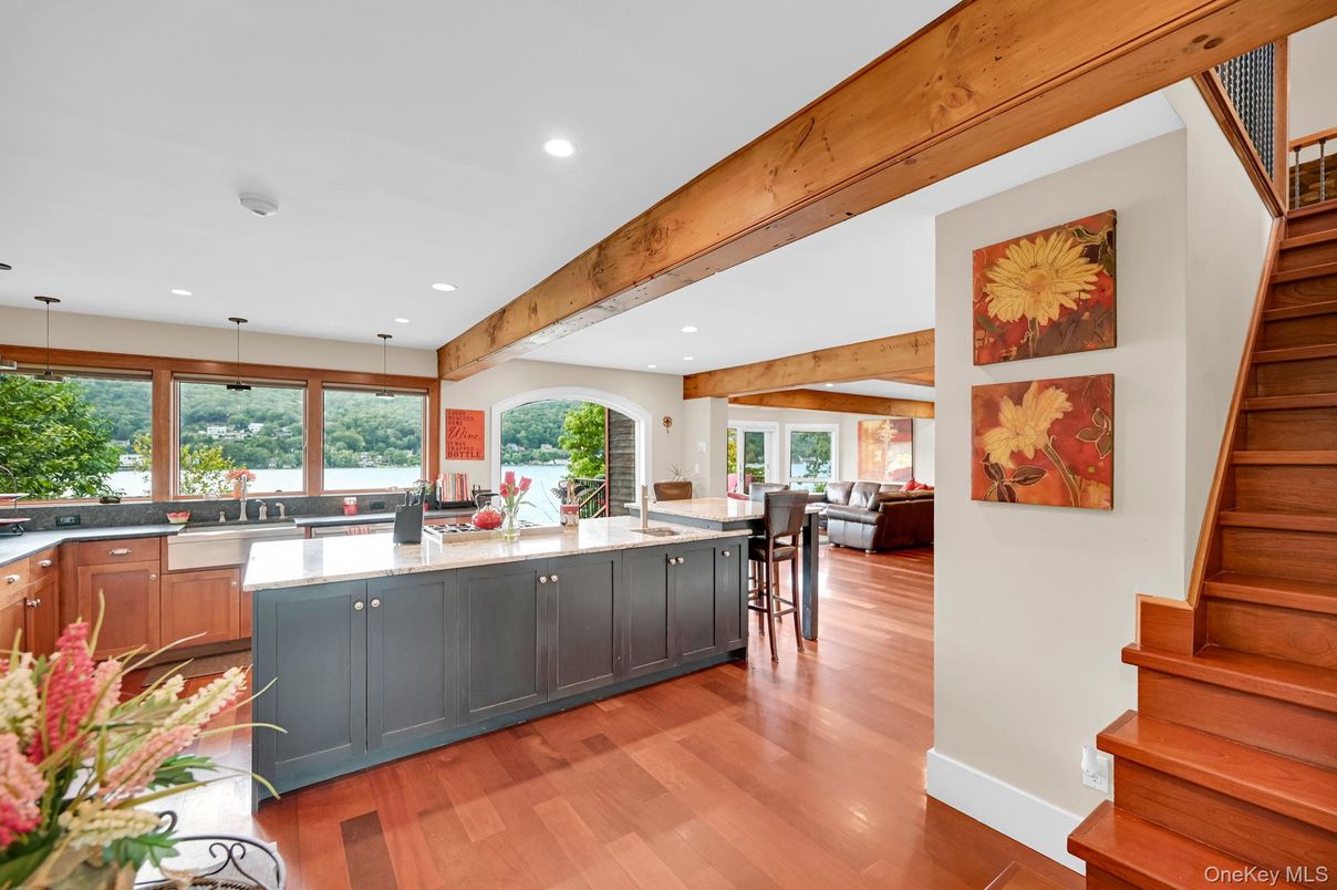 Interior, Kitchen, Pendant Lights, Recessed Lighting, Wooden Beams, Wood Texture Flooring