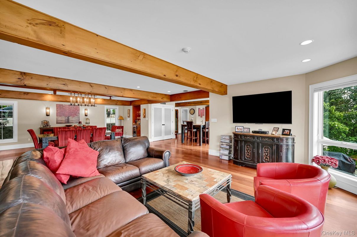 Chandelier, Dining room, Interior, Living room, Recessed Lighting, Wooden Beams, Wood Texture Flooring