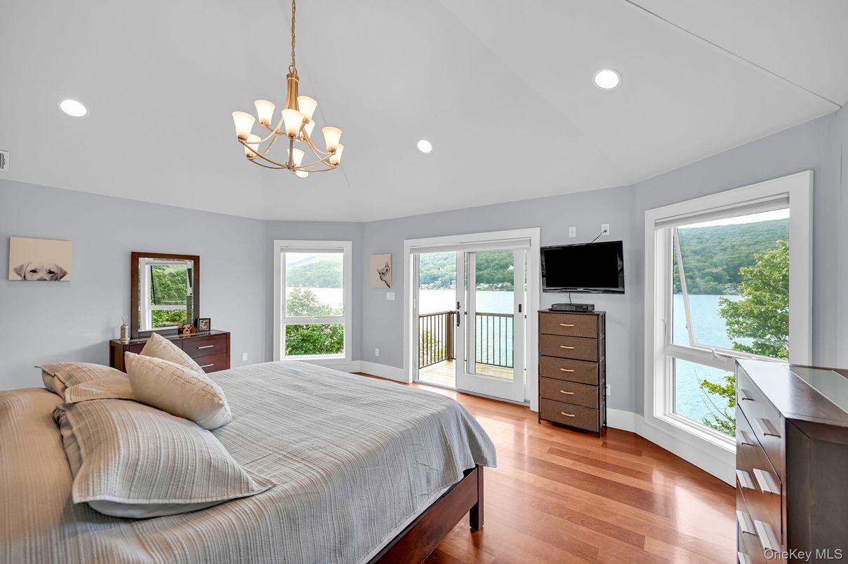 Bedroom, Chandelier, Interior, Recessed Lighting, Wood Texture Flooring