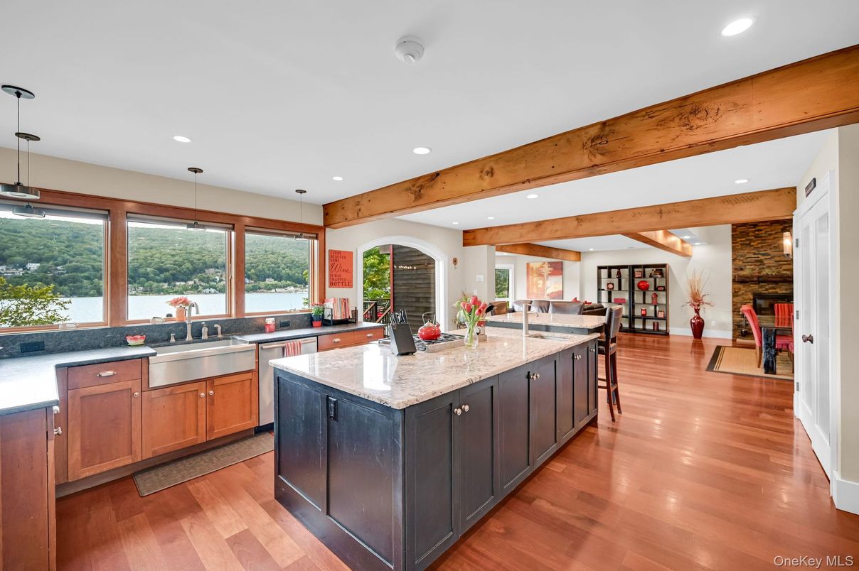 Interior, Kitchen, Pendant Lights, Recessed Lighting, Stone Walls, Wooden Beams, Wood Texture Flooring
