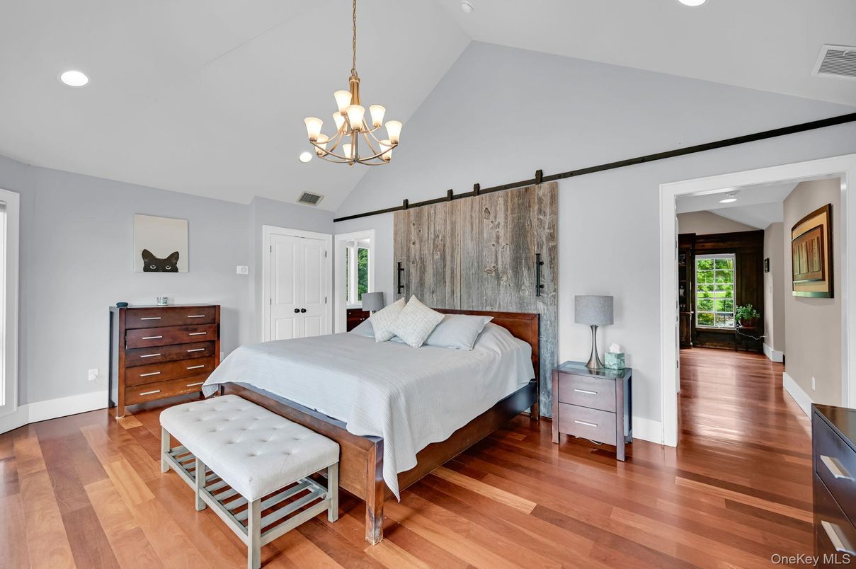 Bedroom, Chandelier, Interior, Recessed Lighting, Wood Texture Flooring