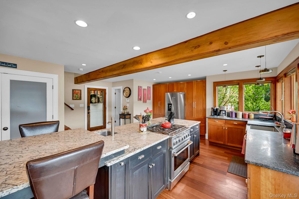 Interior, Kitchen, Pendant Lights, Recessed Lighting, Stainless Steel Appliances, Wooden Beams, Wood Texture Flooring