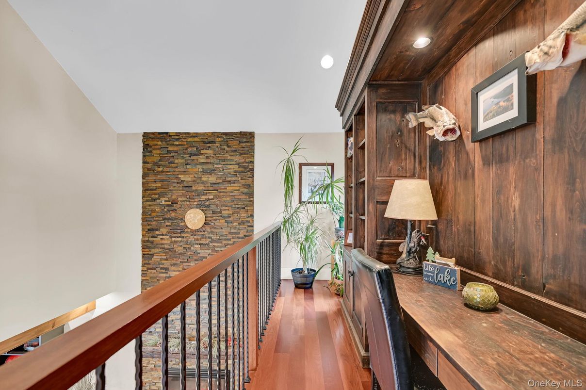 Home Office, Interior, Recessed Lighting, Wood Texture Flooring, Wooden Walls