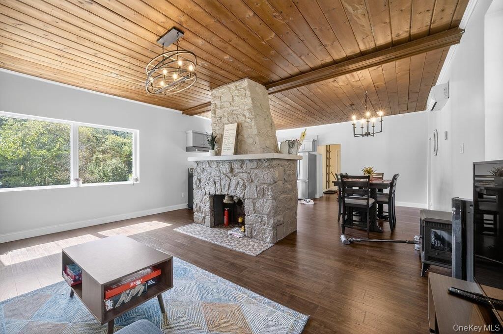 Chandelier, Dining room, Fireplace, Interior, Pendant Lights, Wooden Ceilings, Wood Texture Flooring