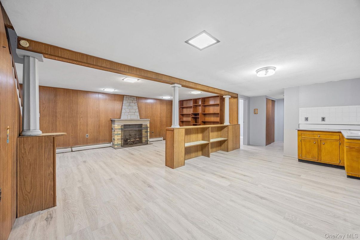 Fireplace, Interior, Recessed Lighting, Wood Texture Flooring, Wooden Walls
