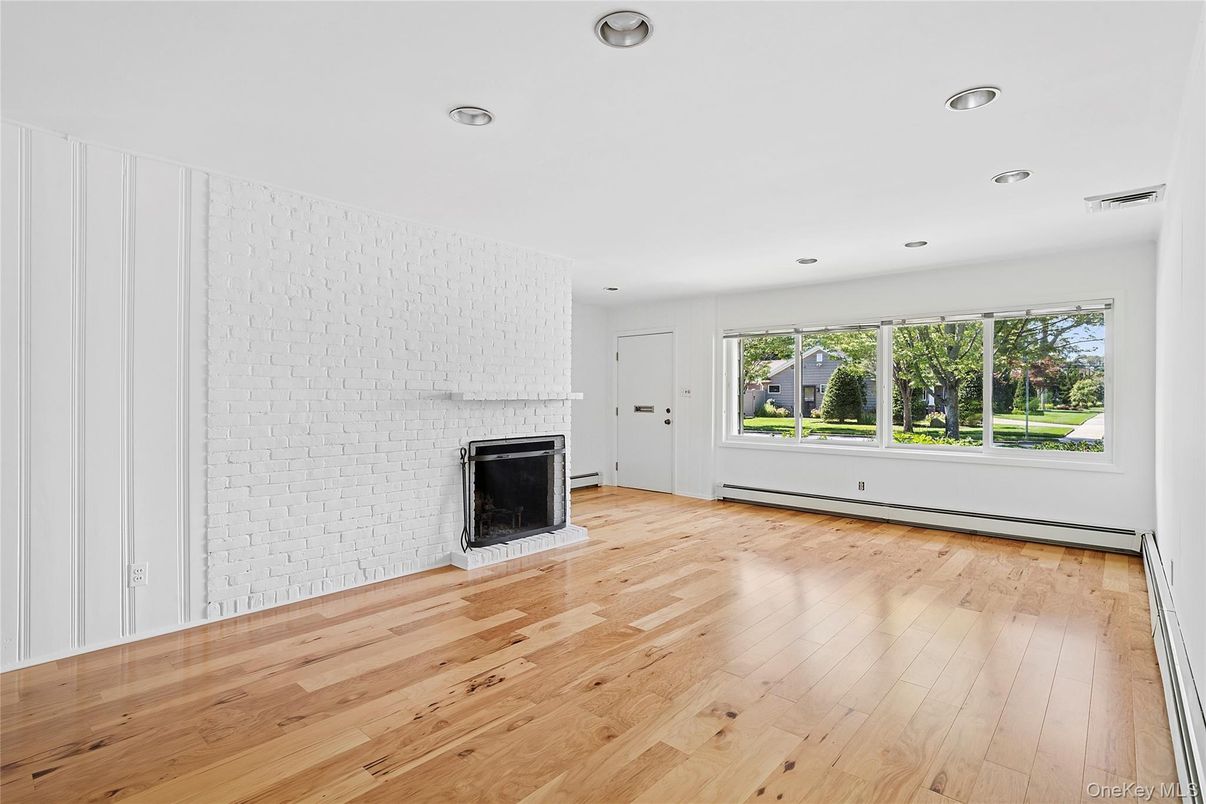 Empty room, Fireplace, Interior, Recessed Lighting, Wood Texture Flooring