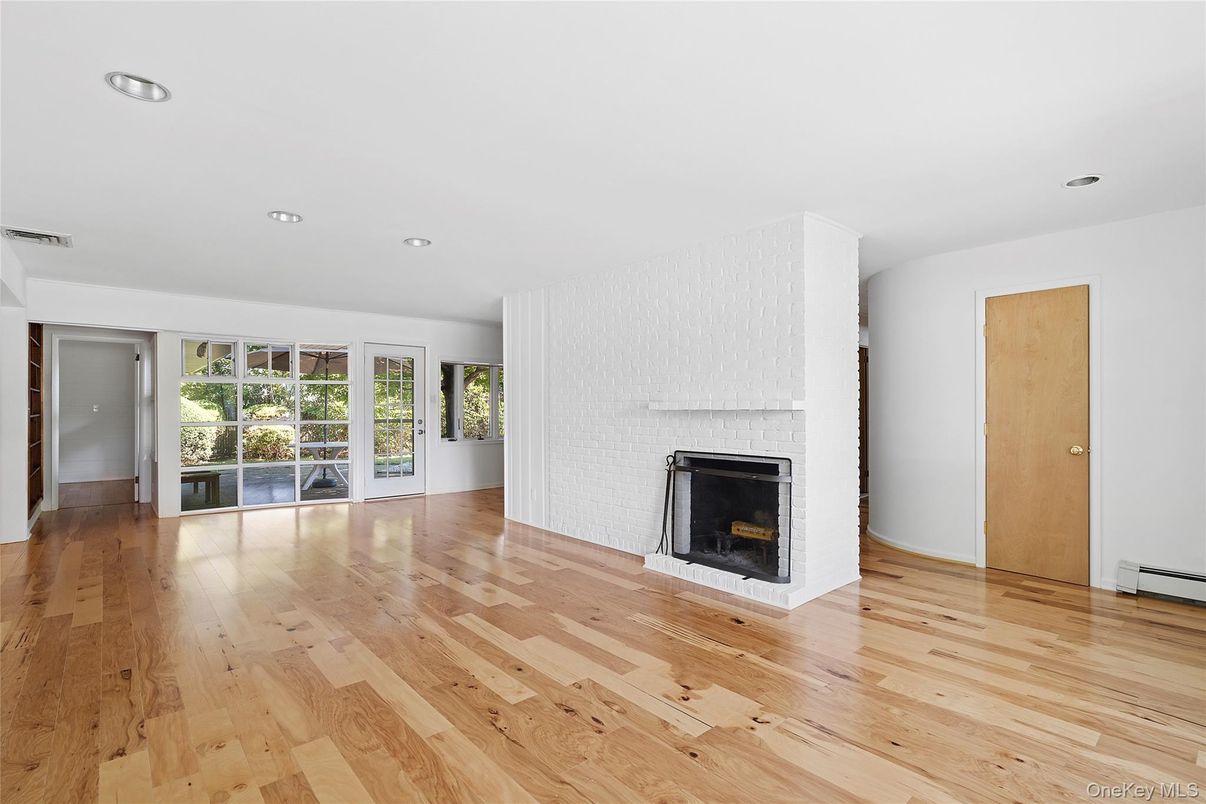 Empty room, Fireplace, Interior, Recessed Lighting, Wood Texture Flooring