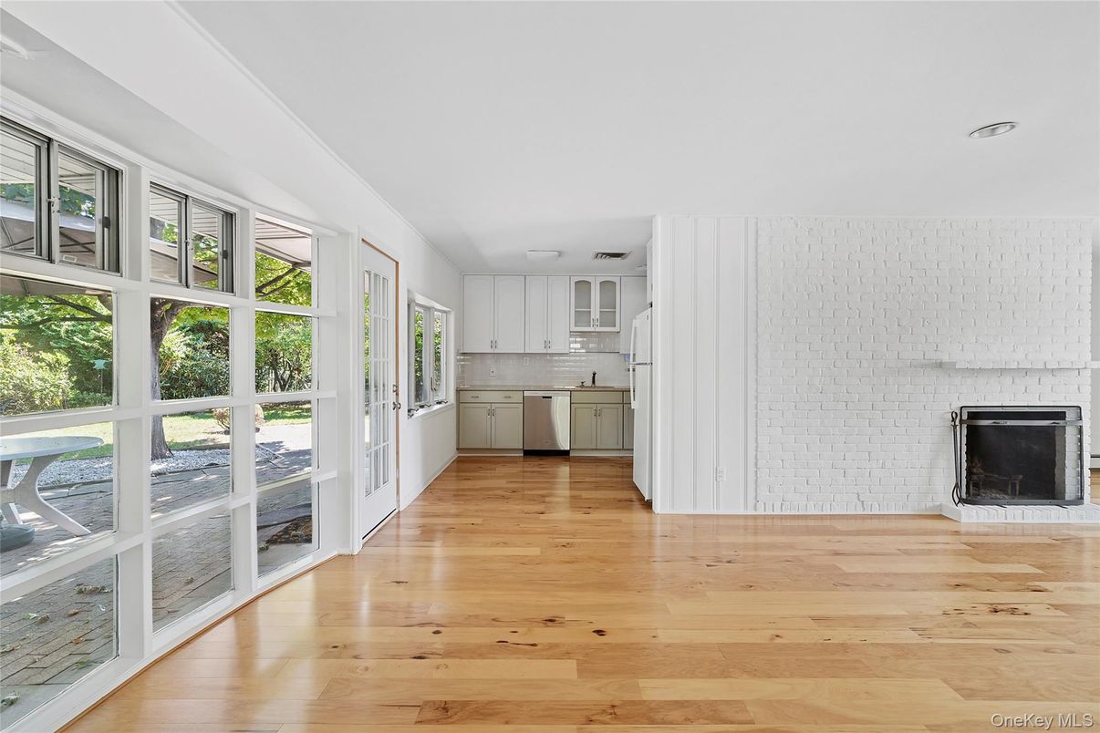 Empty room, Fireplace, Interior, Kitchen, Wood Texture Flooring