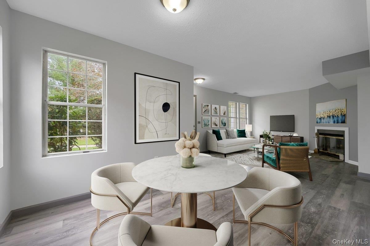 Dining room, Fireplace, Interior, Living room, Wood Texture Flooring