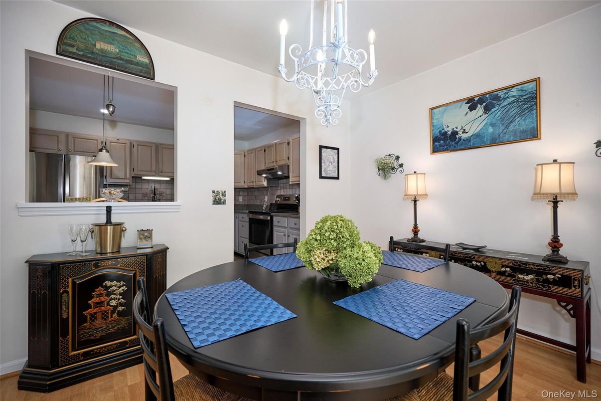 Chandelier, Interior, Kitchen, Stainless Steel Appliances, Wood Texture Flooring