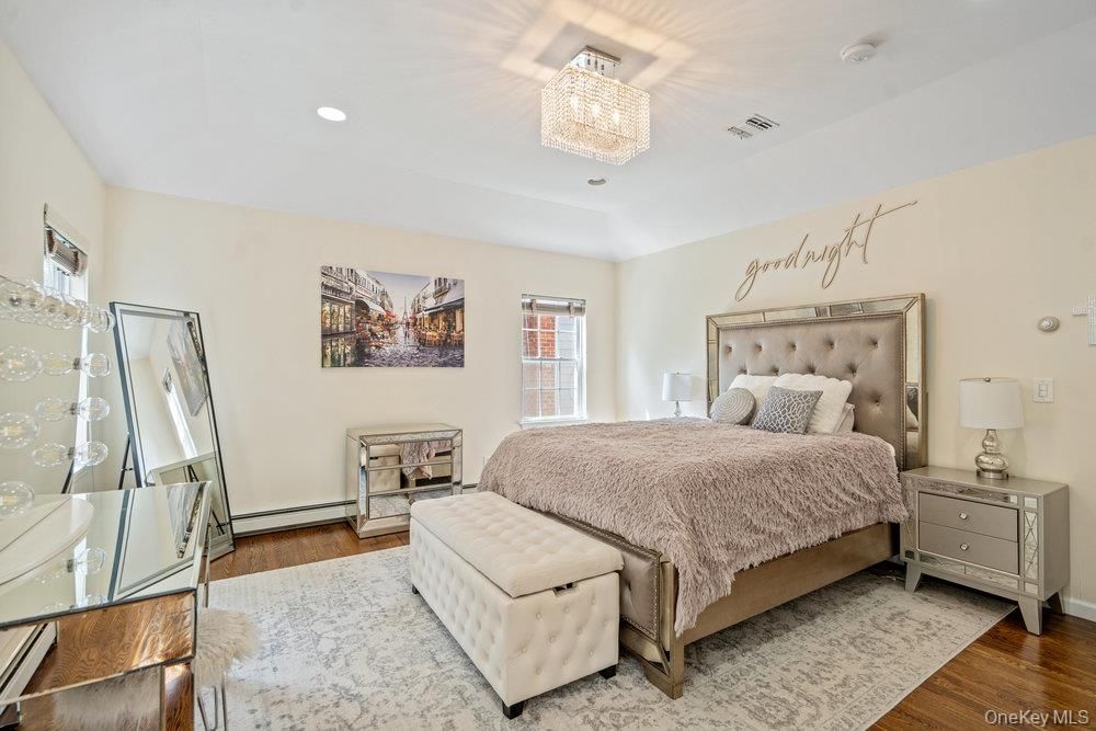 Bedroom, Chandelier, Interior, Recessed Lighting, Wood Texture Flooring