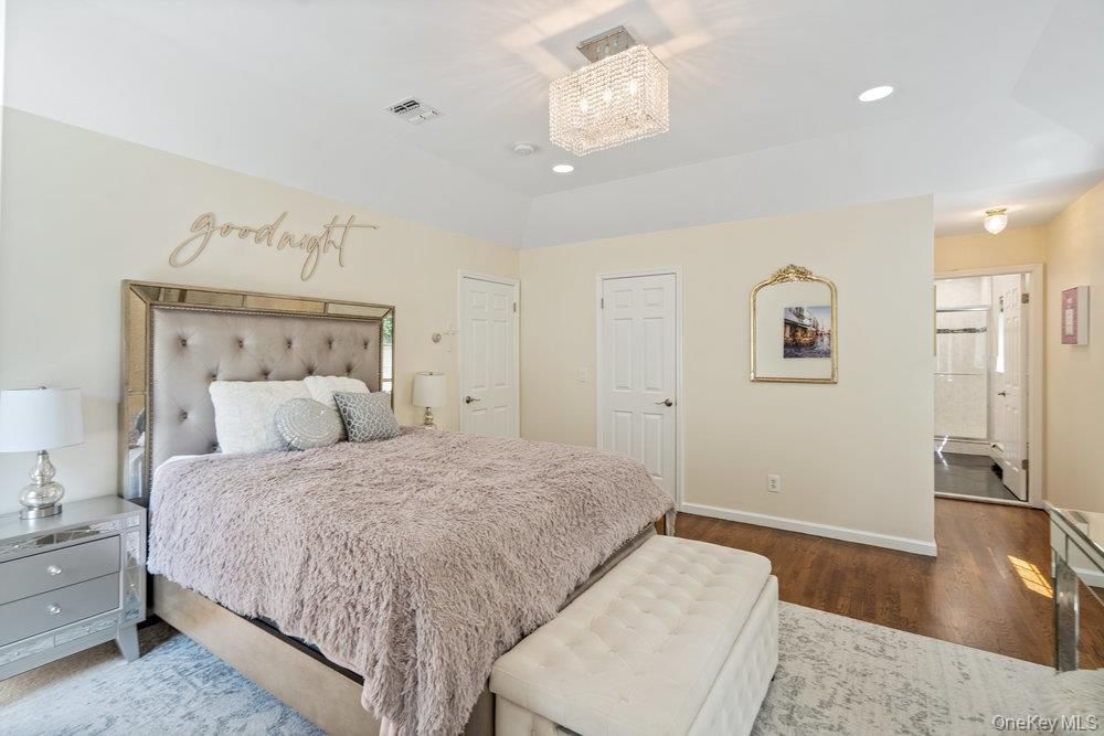 Bedroom, Chandelier, Interior, Recessed Lighting, Wood Texture Flooring